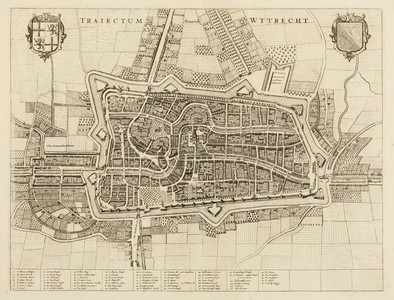 214021 Plattegrond van de stad Utrecht met directe omgeving; met wegen, watergangen en gestileerde weergave van de ...